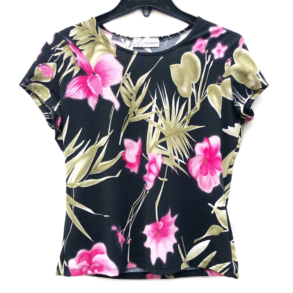Dressbarn Floral Short Sleeve Casual Blouse Pullover Crewneck Top Shirt EUC S